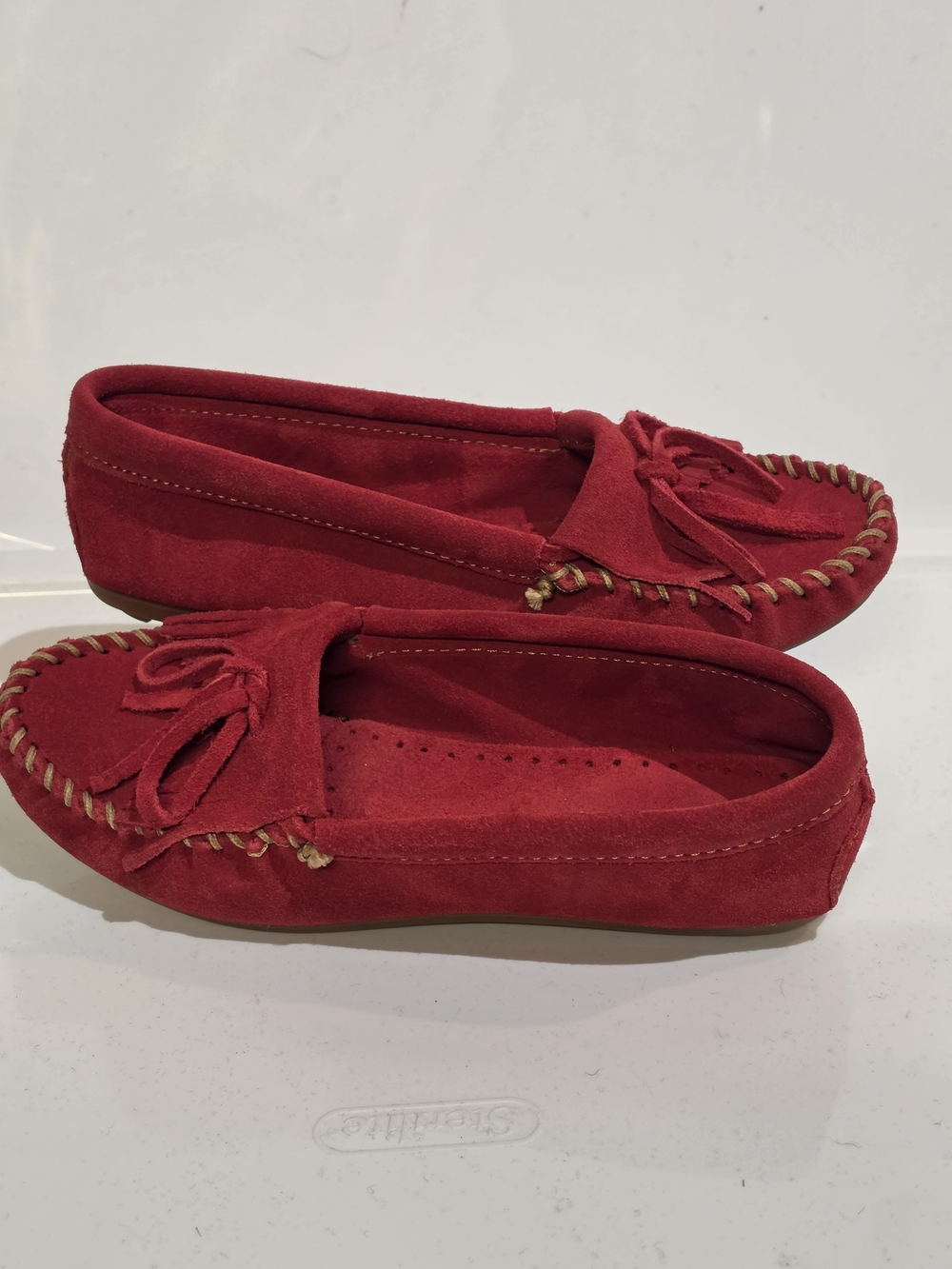 Minnetonka Women's Kilty Hardsole Moccasin in Cherry Red Suede 7.5